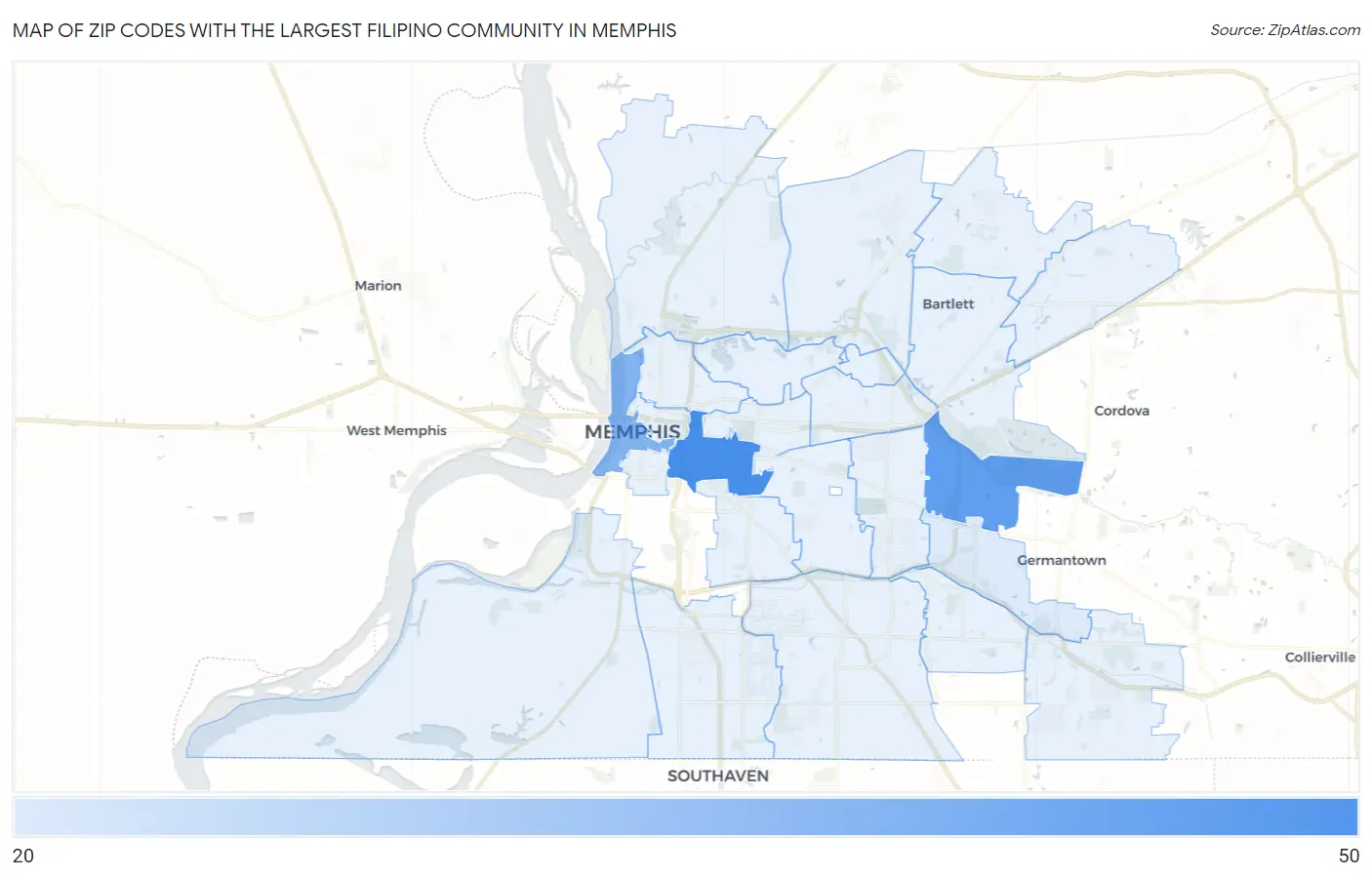 Zip Codes with the Largest Filipino Community in Memphis Map