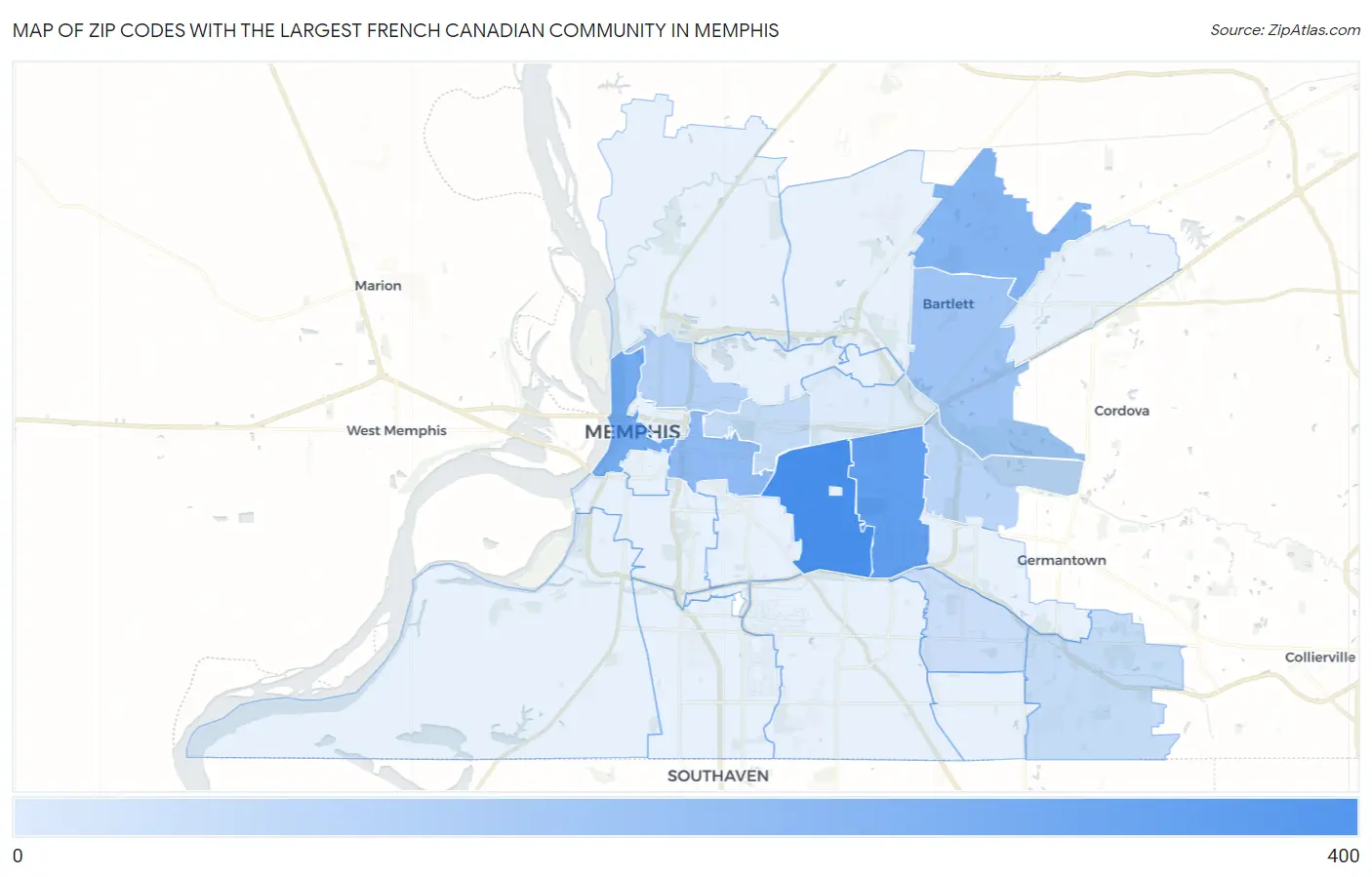 Zip Codes with the Largest French Canadian Community in Memphis Map