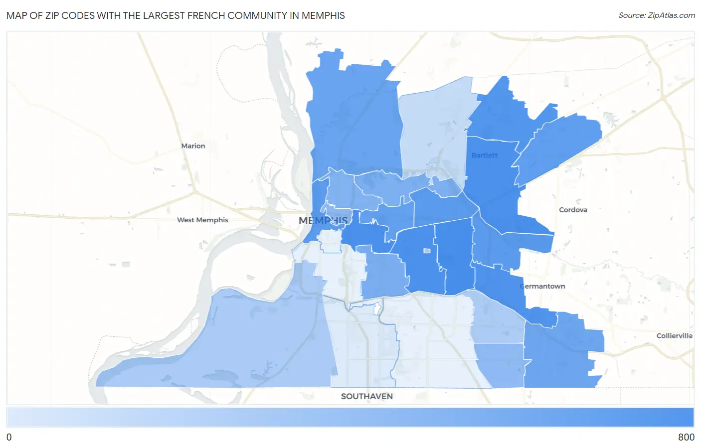 Zip Codes with the Largest French Community in Memphis Map