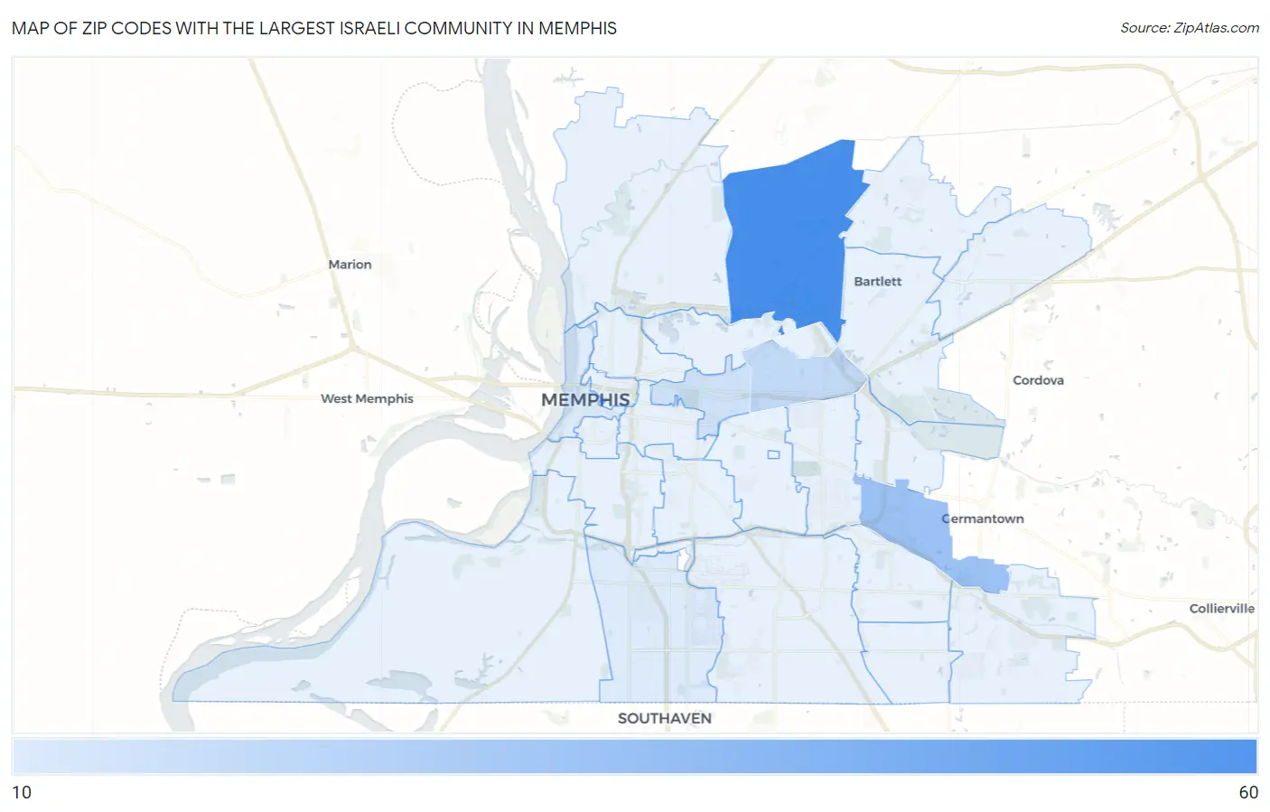Zip Codes with the Largest Israeli Community in Memphis Map