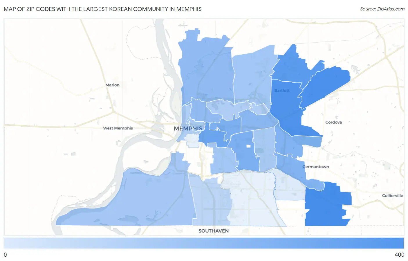 Zip Codes with the Largest Korean Community in Memphis Map