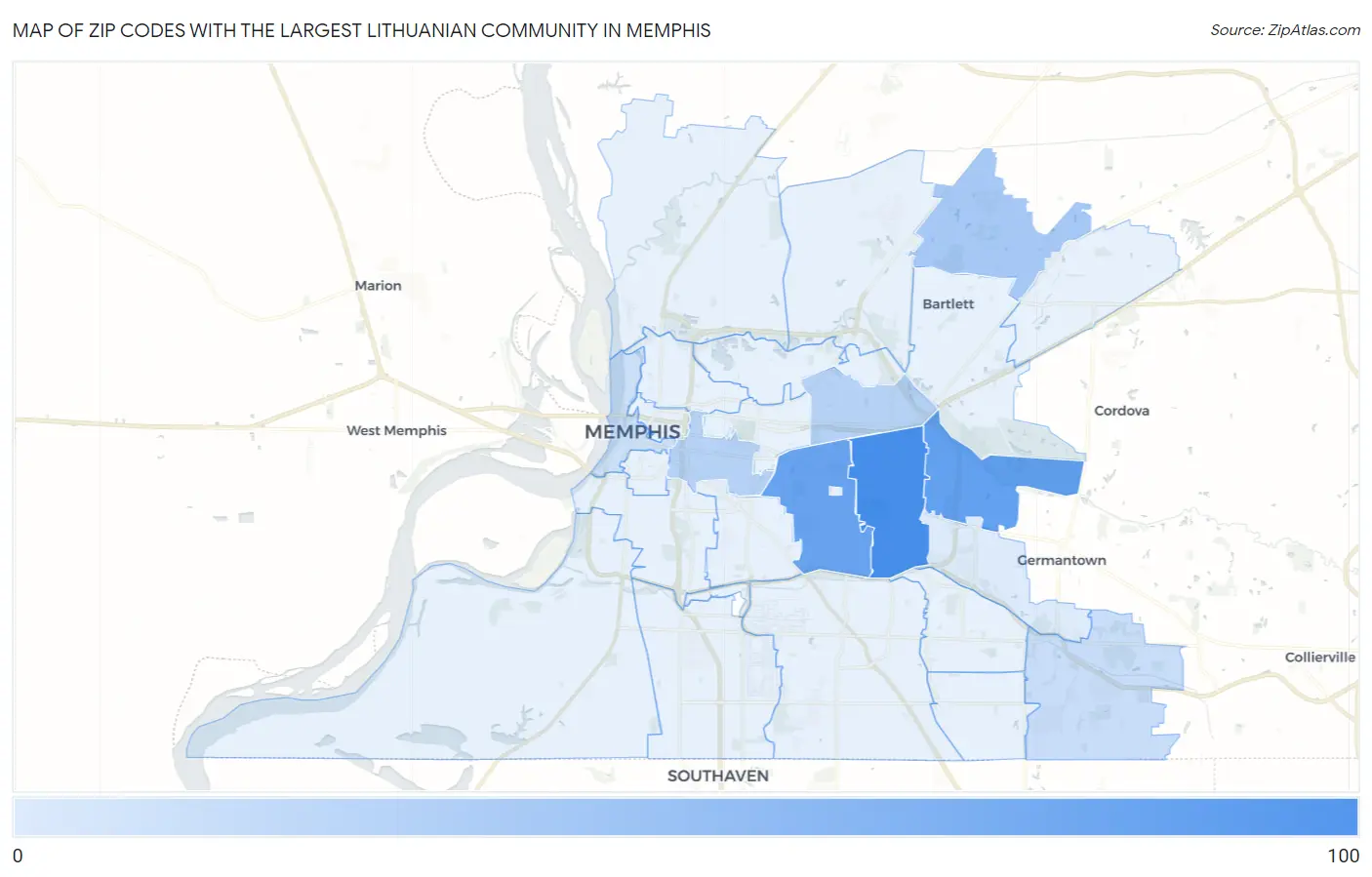 Zip Codes with the Largest Lithuanian Community in Memphis Map