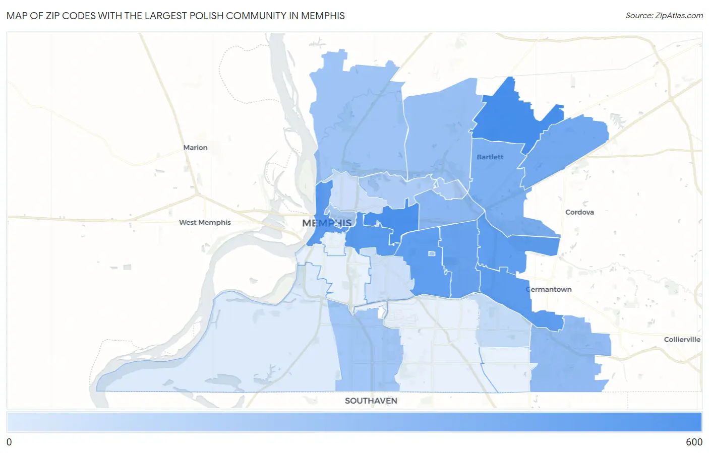 Zip Codes with the Largest Polish Community in Memphis Map