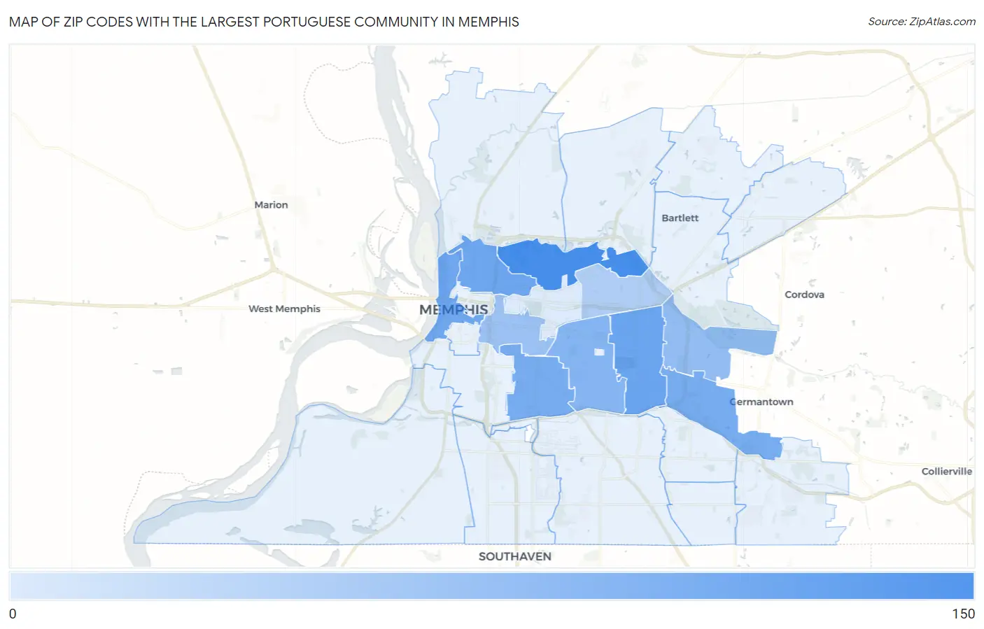 Zip Codes with the Largest Portuguese Community in Memphis Map