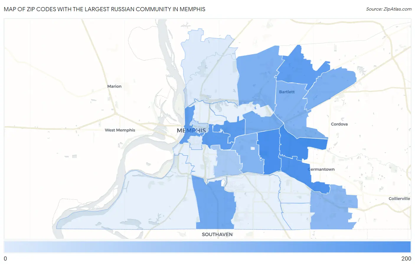Zip Codes with the Largest Russian Community in Memphis Map