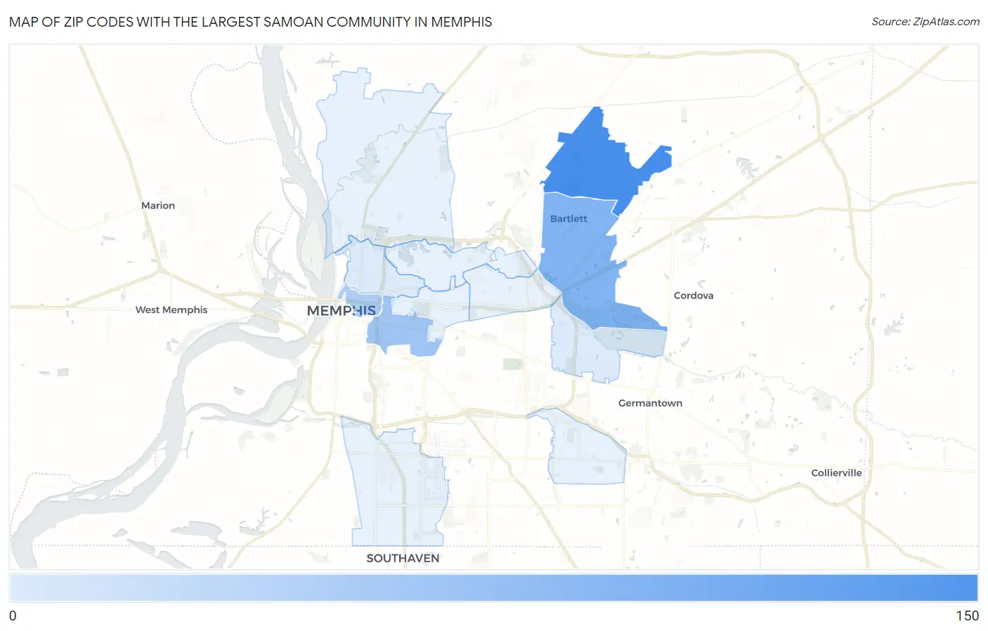 Zip Codes with the Largest Samoan Community in Memphis Map