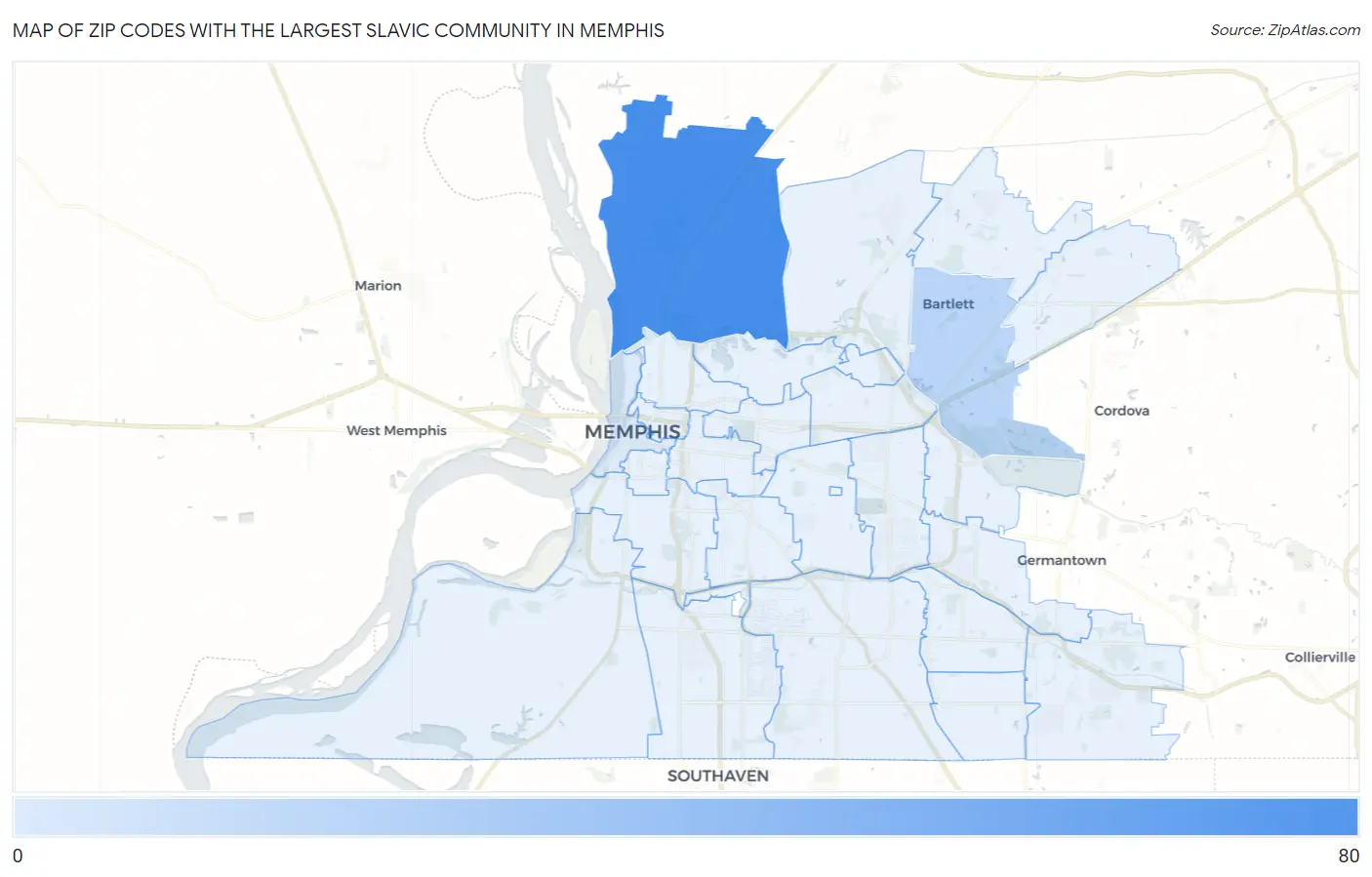 Zip Codes with the Largest Slavic Community in Memphis Map