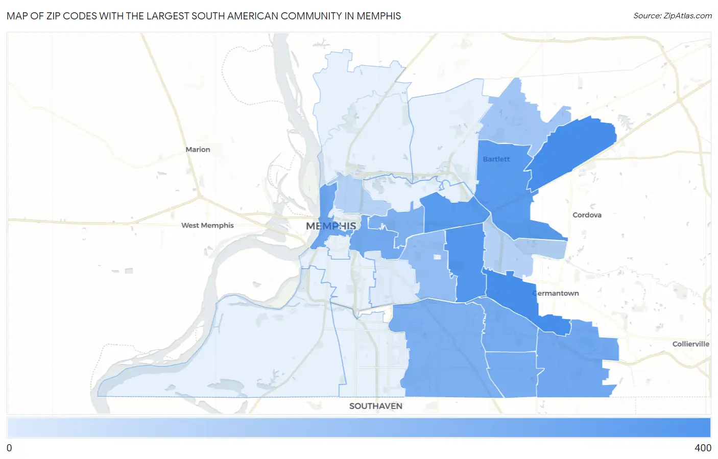 Zip Codes with the Largest South American Community in Memphis Map
