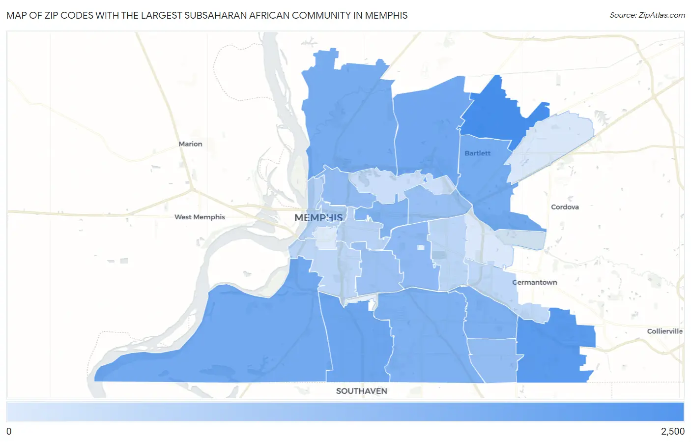 Zip Codes with the Largest Subsaharan African Community in Memphis Map