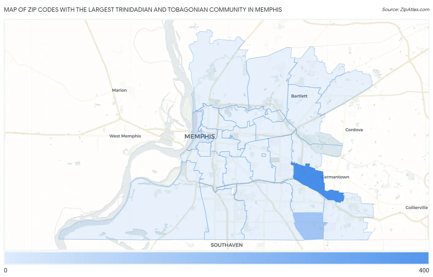 Zip Codes with the Largest Trinidadian and Tobagonian Community in Memphis Map