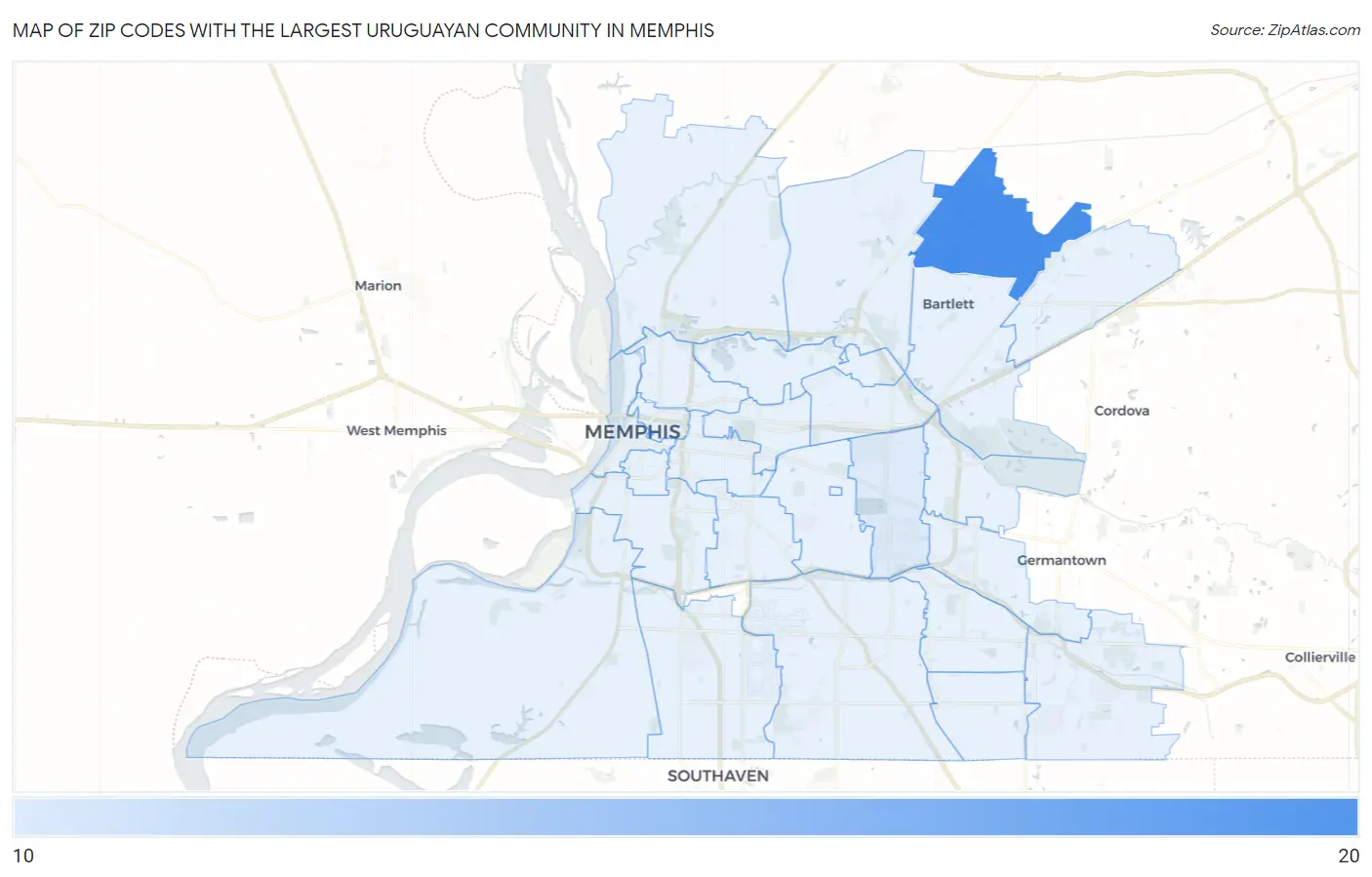 Zip Codes with the Largest Uruguayan Community in Memphis Map