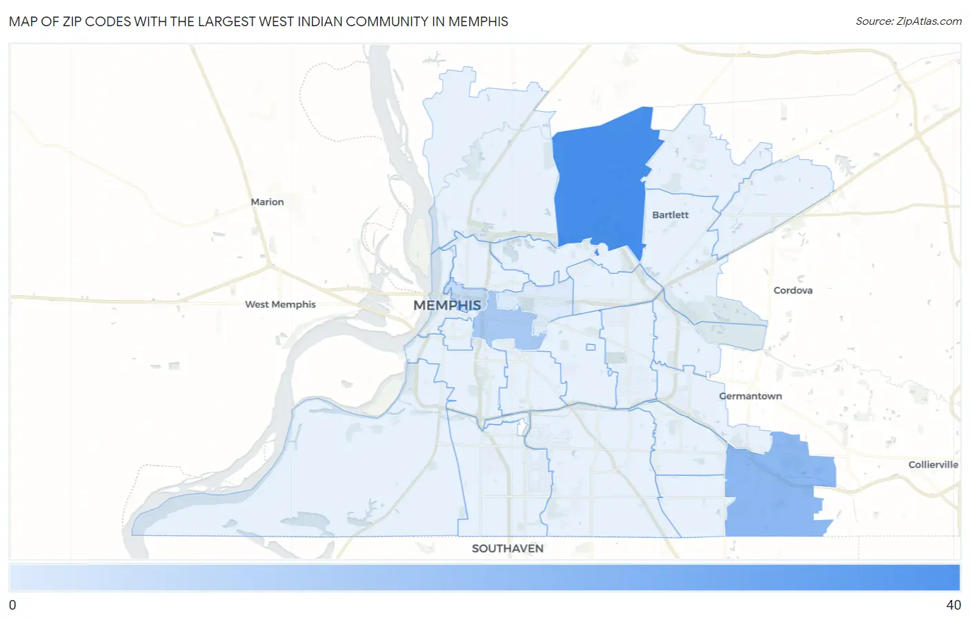 Zip Codes with the Largest West Indian Community in Memphis Map