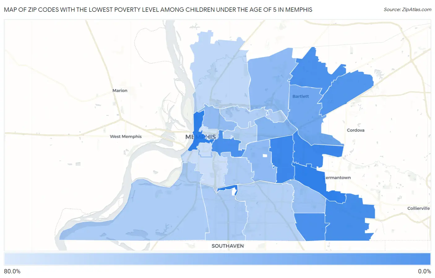 Zip Codes with the Lowest Poverty Level Among Children Under the Age of 5 in Memphis Map
