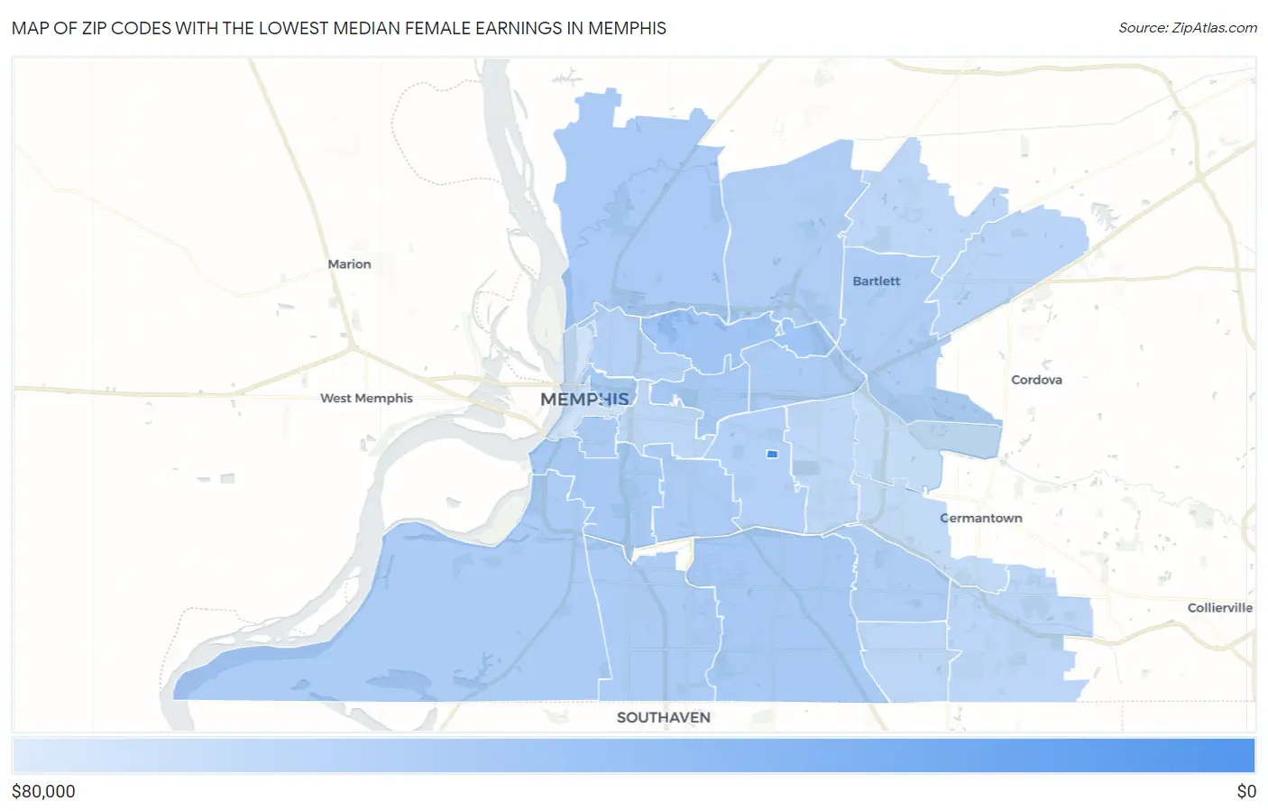 Zip Codes with the Lowest Median Female Earnings in Memphis Map