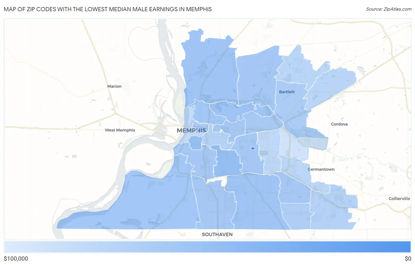 Zip Codes with the Lowest Median Male Earnings in Memphis Map
