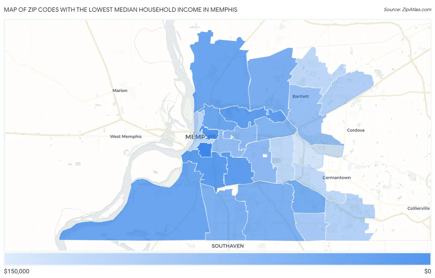 Zip Codes with the Lowest Median Household Income in Memphis Map