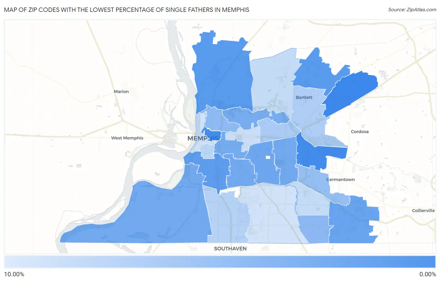 Zip Codes with the Lowest Percentage of Single Fathers in Memphis Map