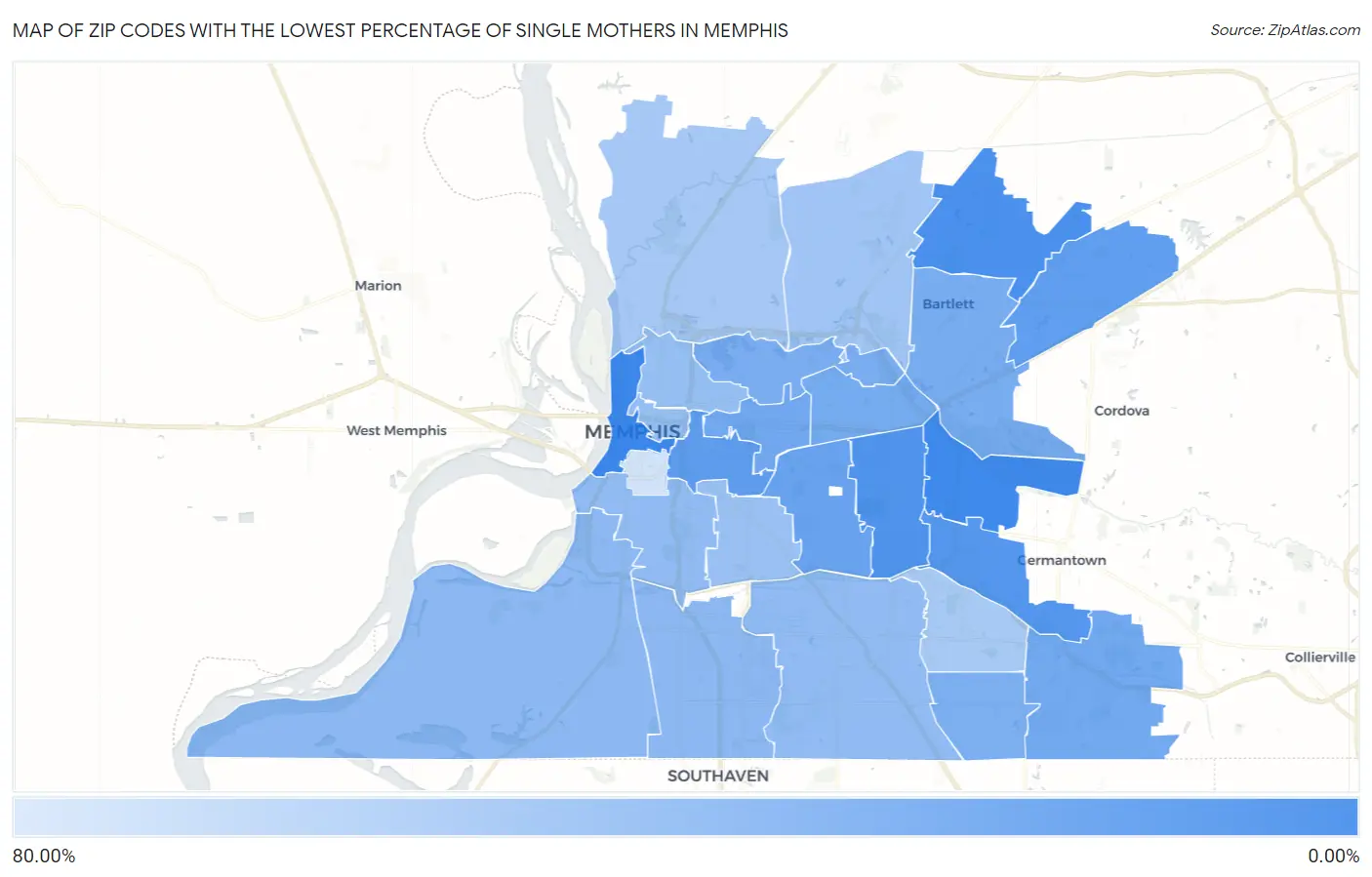 Zip Codes with the Lowest Percentage of Single Mothers in Memphis Map