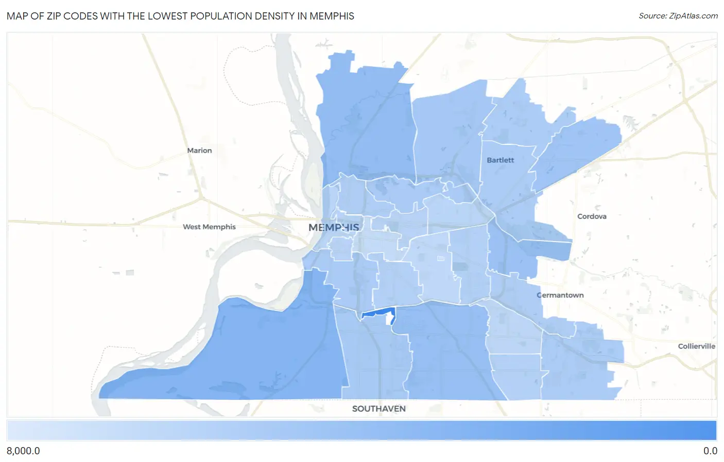 Zip Codes with the Lowest Population Density in Memphis Map
