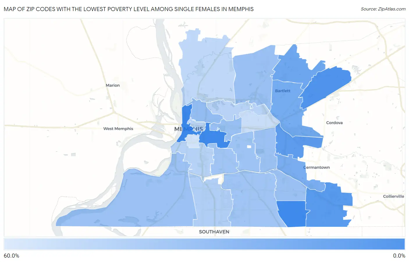 Zip Codes with the Lowest Poverty Level Among Single Females in Memphis Map