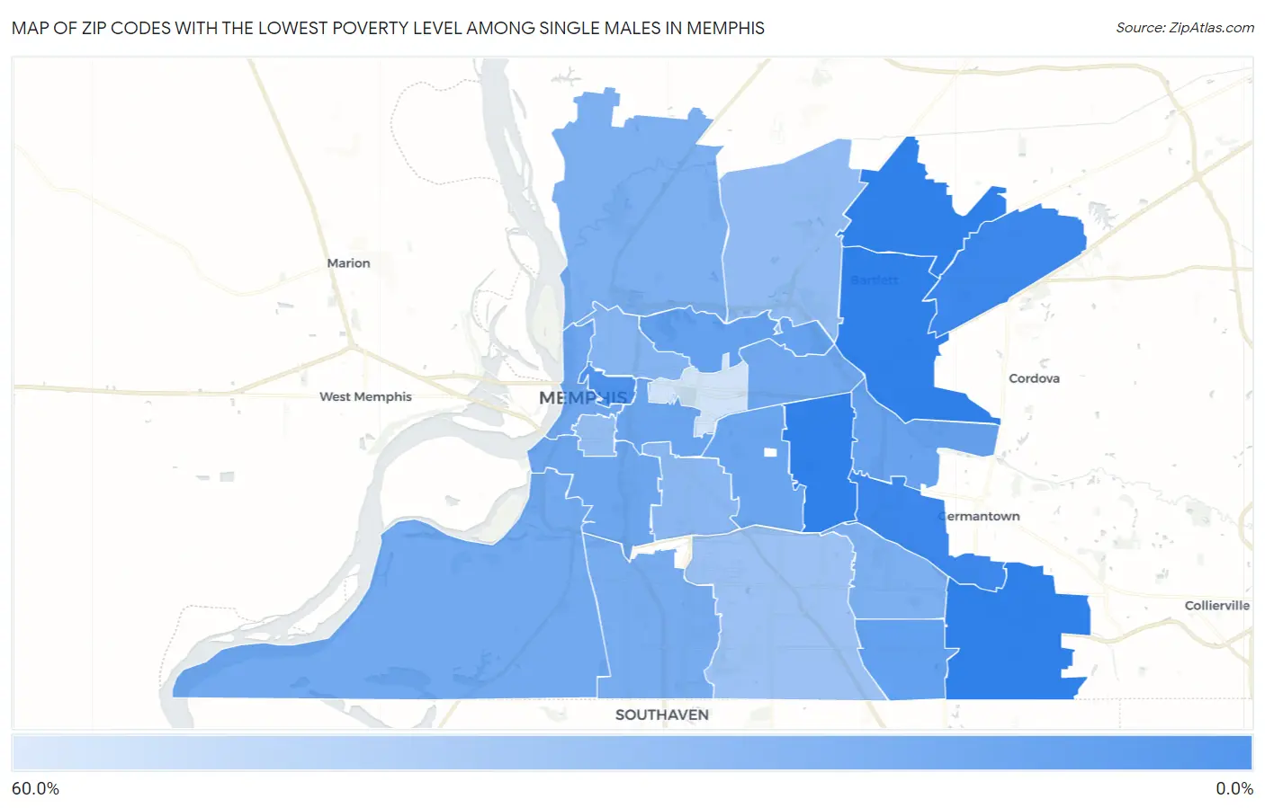 Zip Codes with the Lowest Poverty Level Among Single Males in Memphis Map