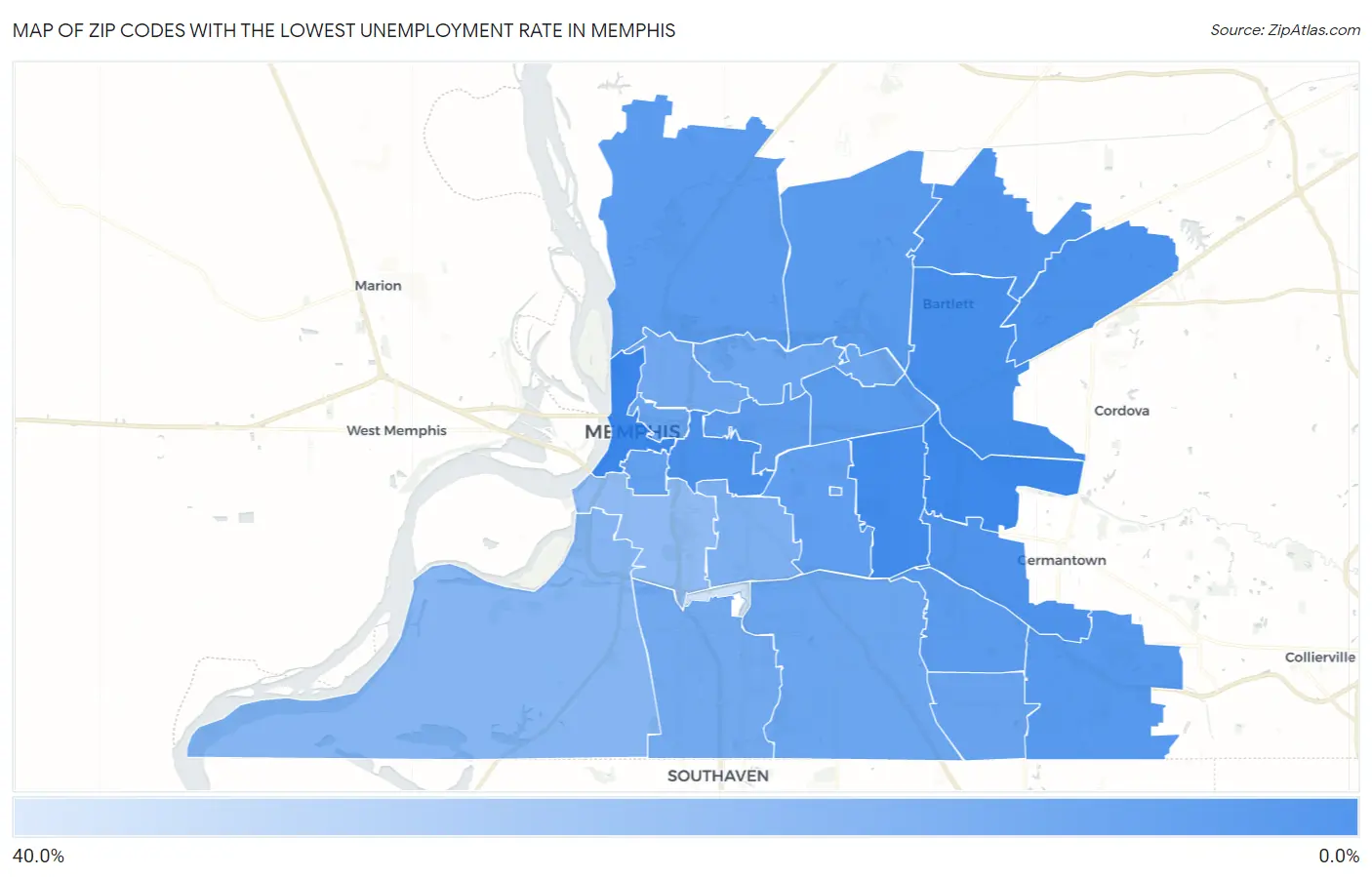 Zip Codes with the Lowest Unemployment Rate in Memphis Map