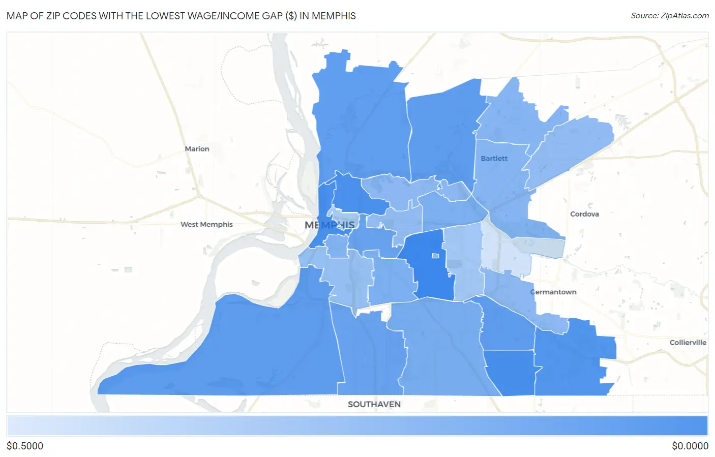 Zip Codes with the Lowest Wage/Income Gap ($) in Memphis Map