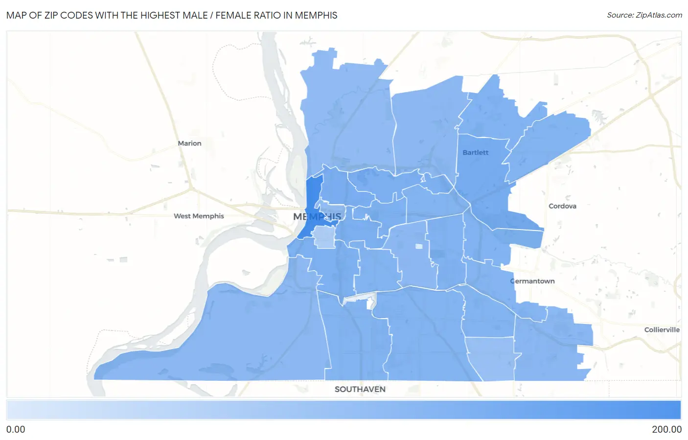 Zip Codes with the Highest Male / Female Ratio in Memphis Map