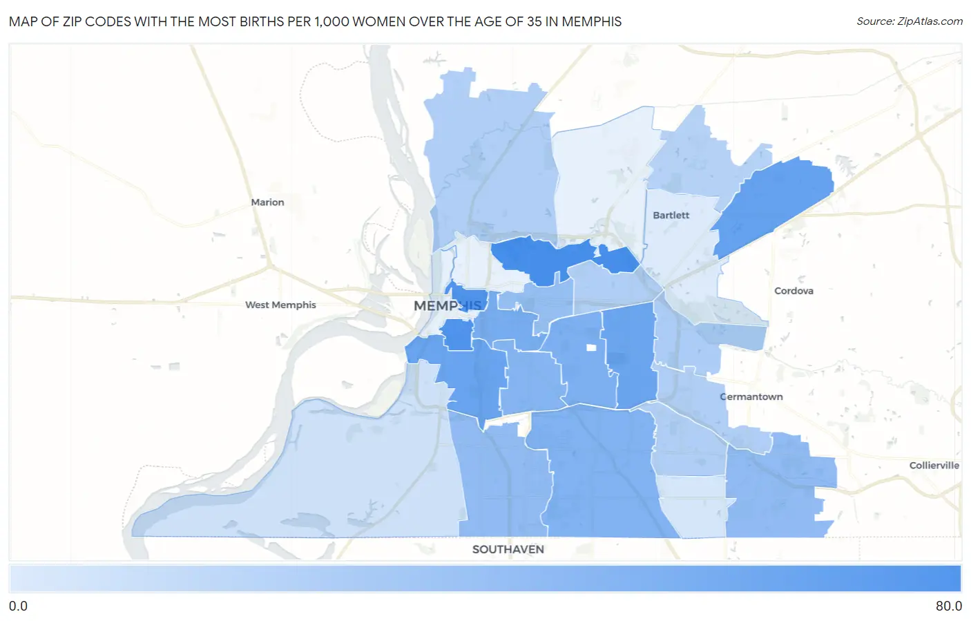 Zip Codes with the Most Births per 1,000 Women Over the Age of 35 in Memphis Map