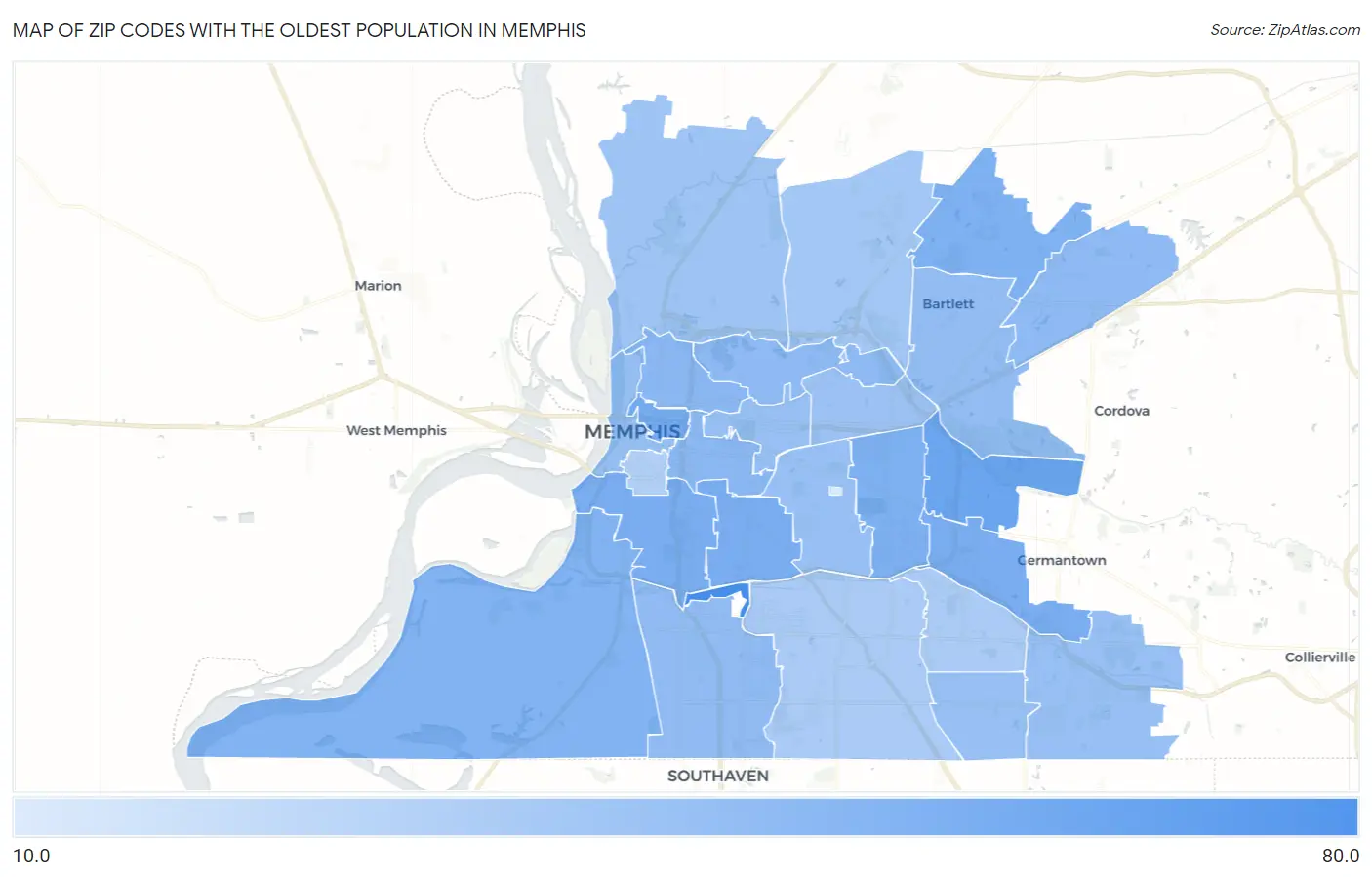 Zip Codes with the Oldest Population in Memphis Map
