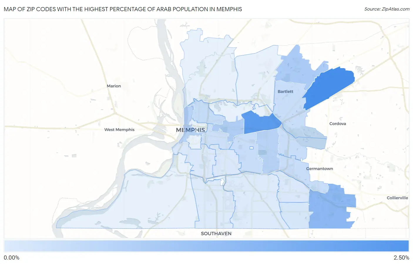 Zip Codes with the Highest Percentage of Arab Population in Memphis Map