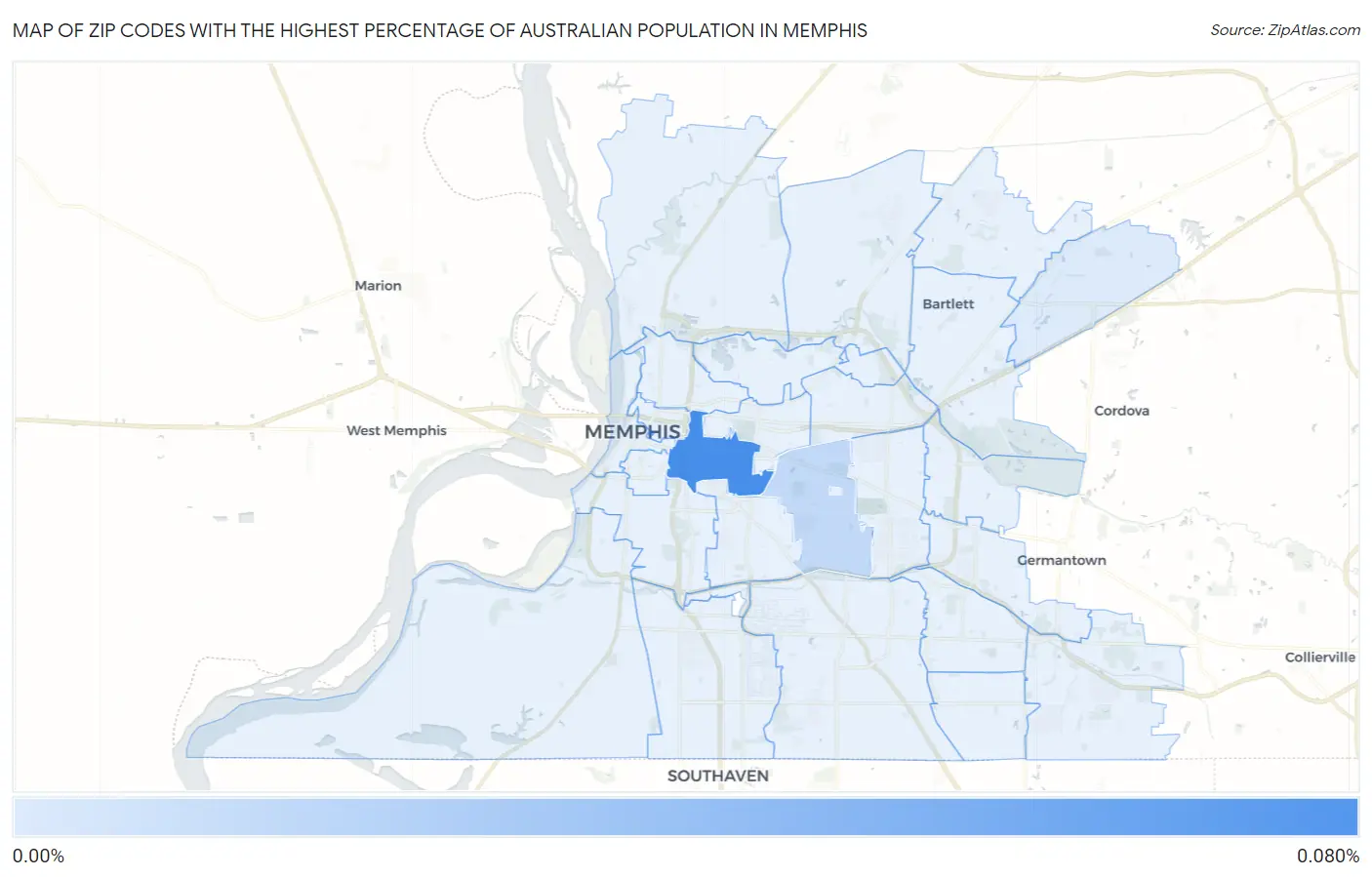 Zip Codes with the Highest Percentage of Australian Population in Memphis Map