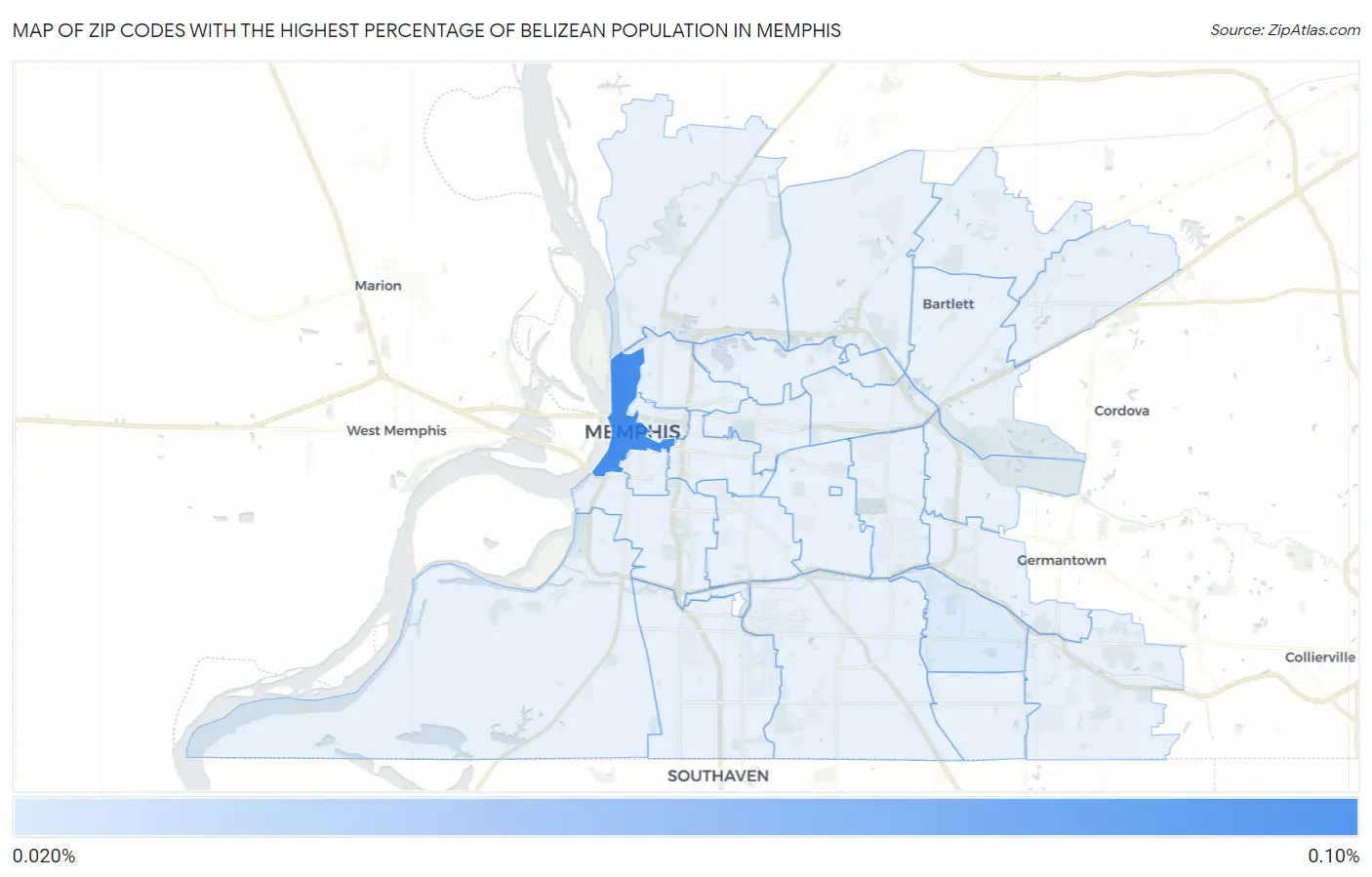 Zip Codes with the Highest Percentage of Belizean Population in Memphis Map