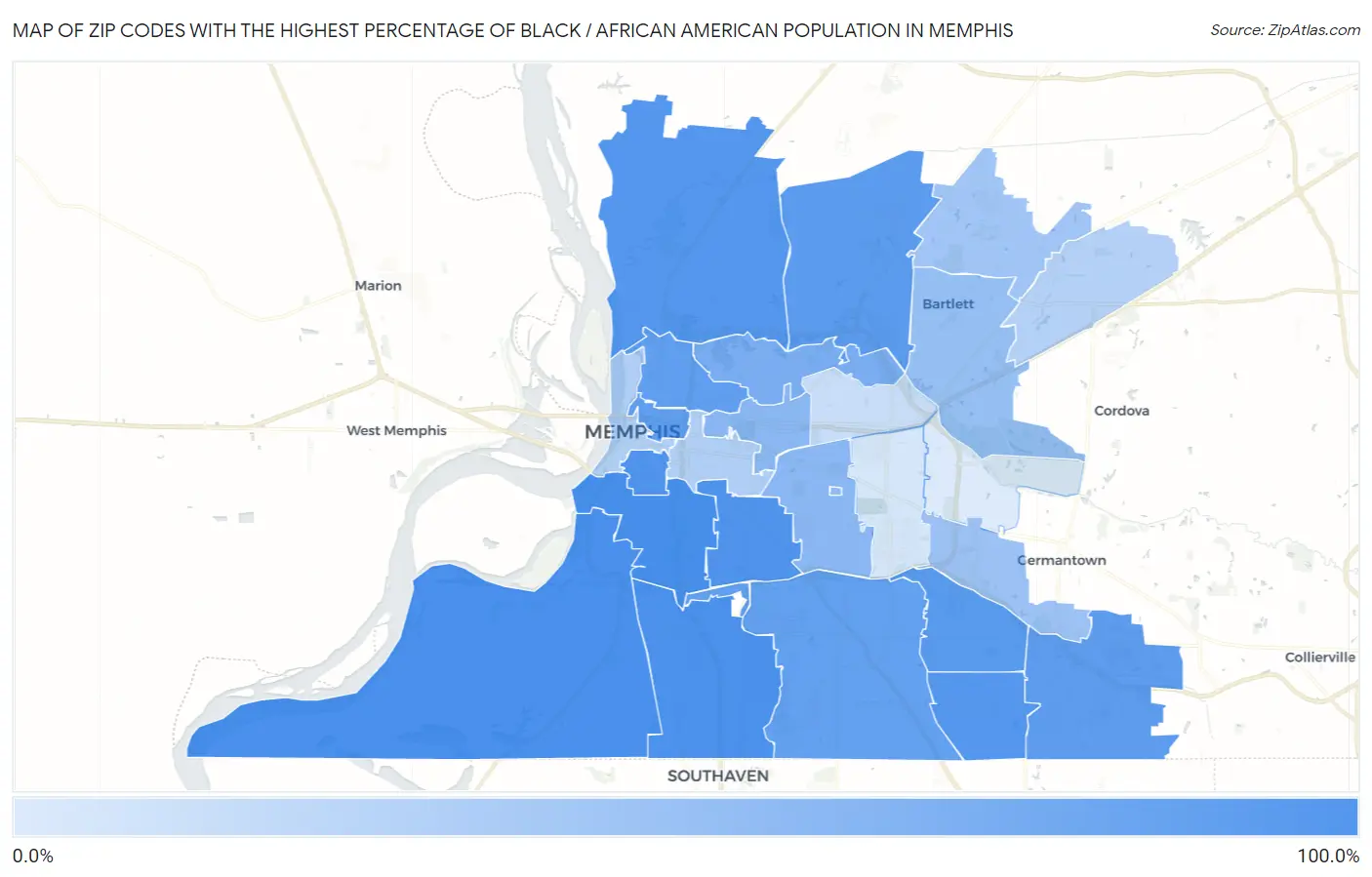 Zip Codes with the Highest Percentage of Black / African American Population in Memphis Map