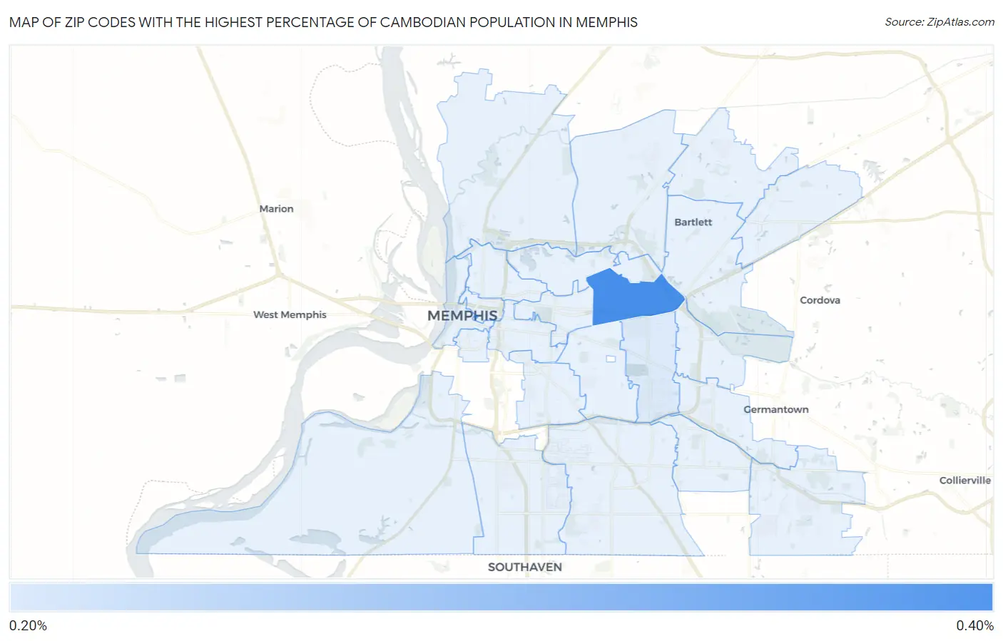 Zip Codes with the Highest Percentage of Cambodian Population in Memphis Map