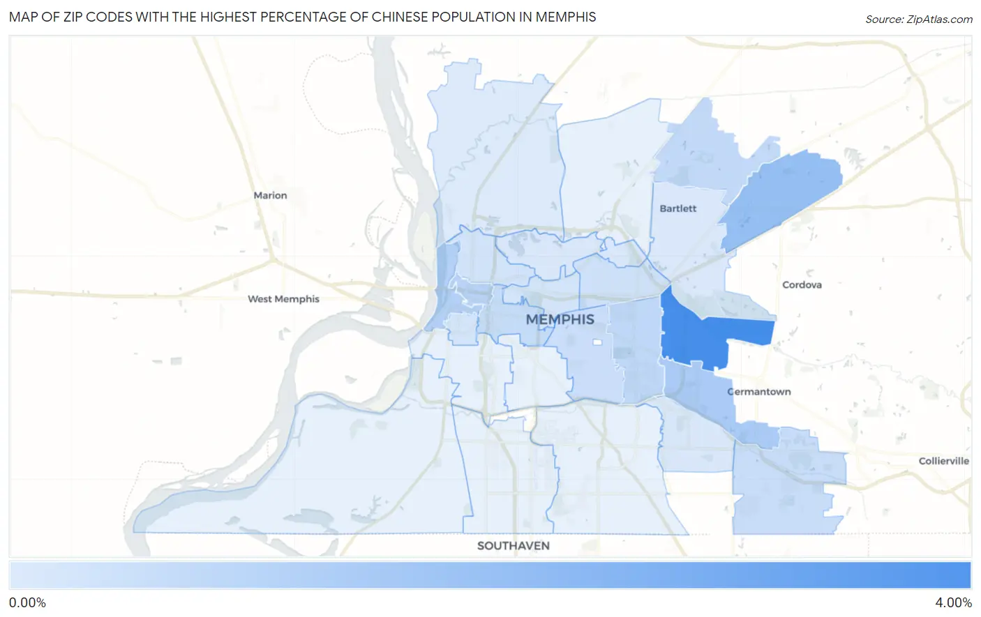 Zip Codes with the Highest Percentage of Chinese Population in Memphis Map