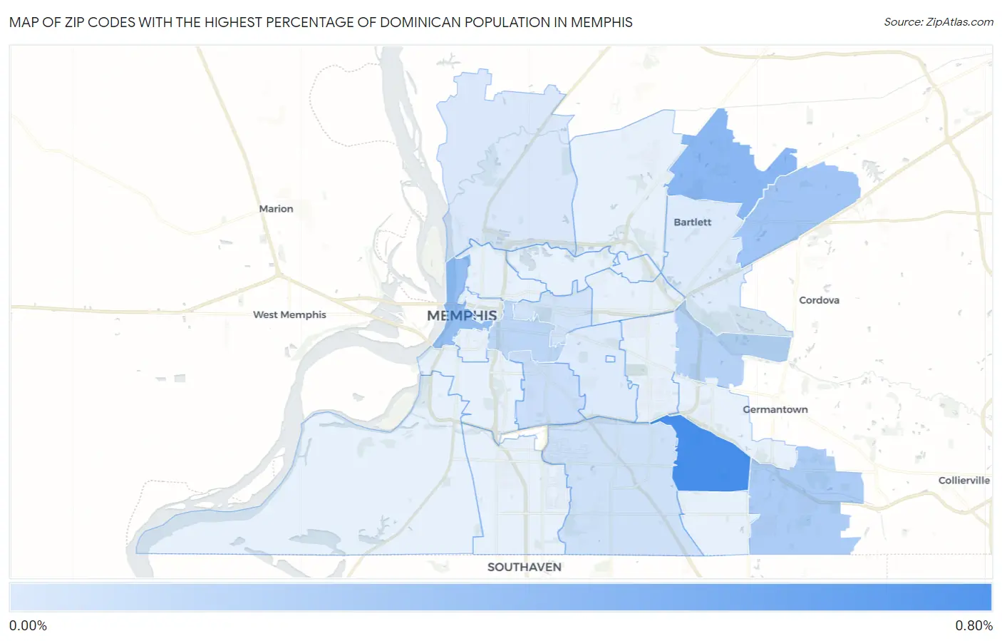 Zip Codes with the Highest Percentage of Dominican Population in Memphis Map