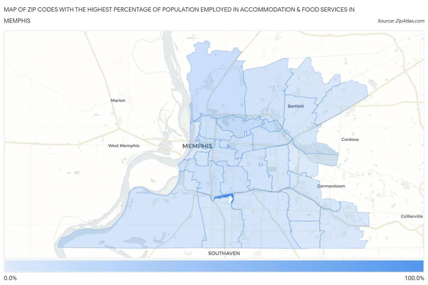 Zip Codes with the Highest Percentage of Population Employed in Accommodation & Food Services in Memphis Map