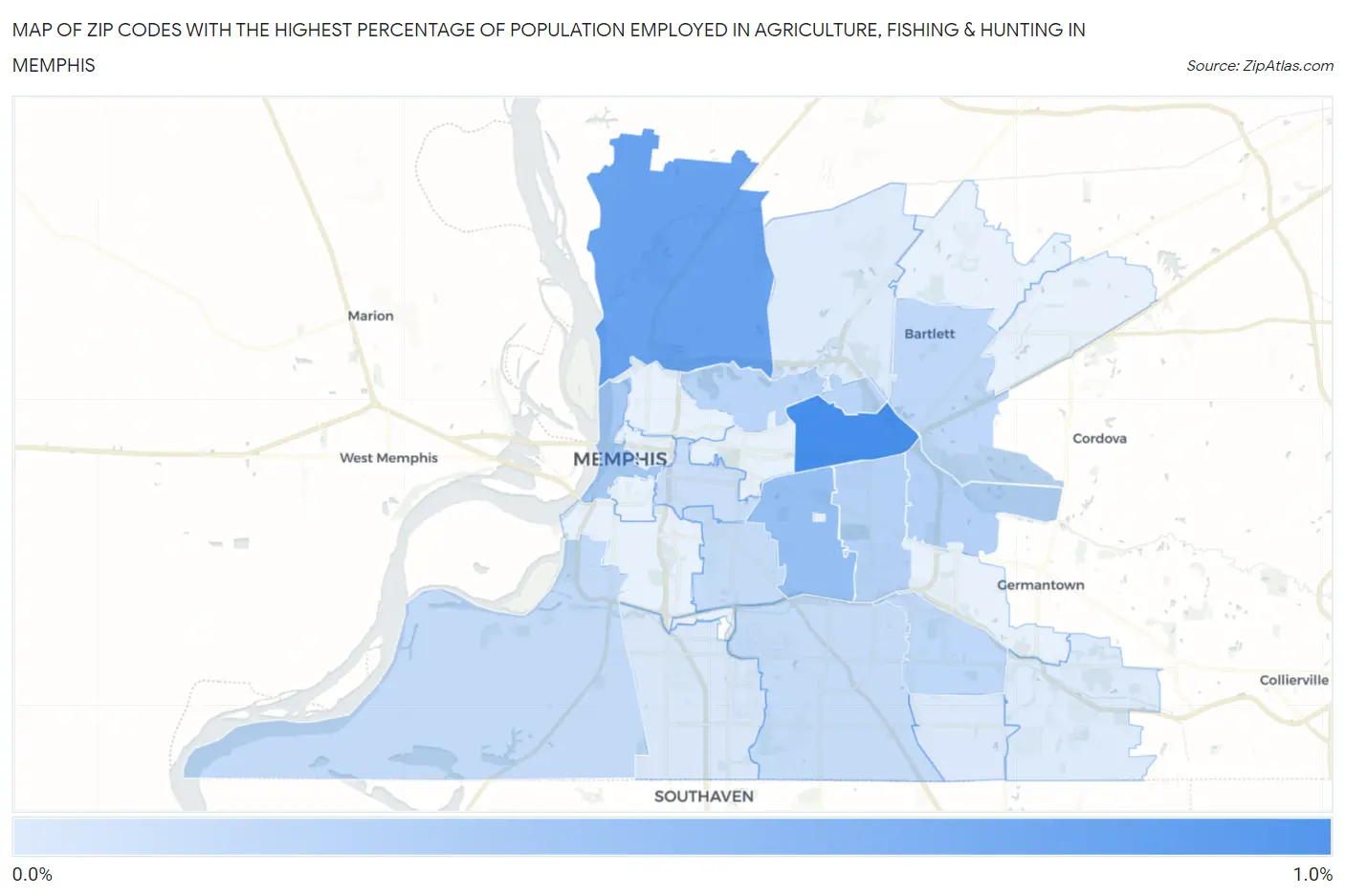 Zip Codes with the Highest Percentage of Population Employed in Agriculture, Fishing & Hunting in Memphis Map