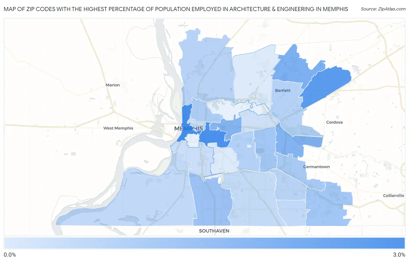 Zip Codes with the Highest Percentage of Population Employed in Architecture & Engineering in Memphis Map