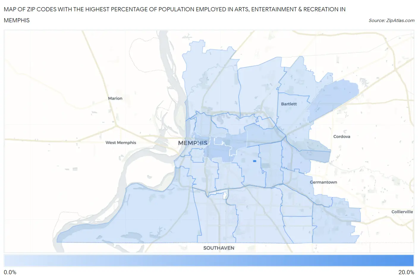 Zip Codes with the Highest Percentage of Population Employed in Arts, Entertainment & Recreation in Memphis Map