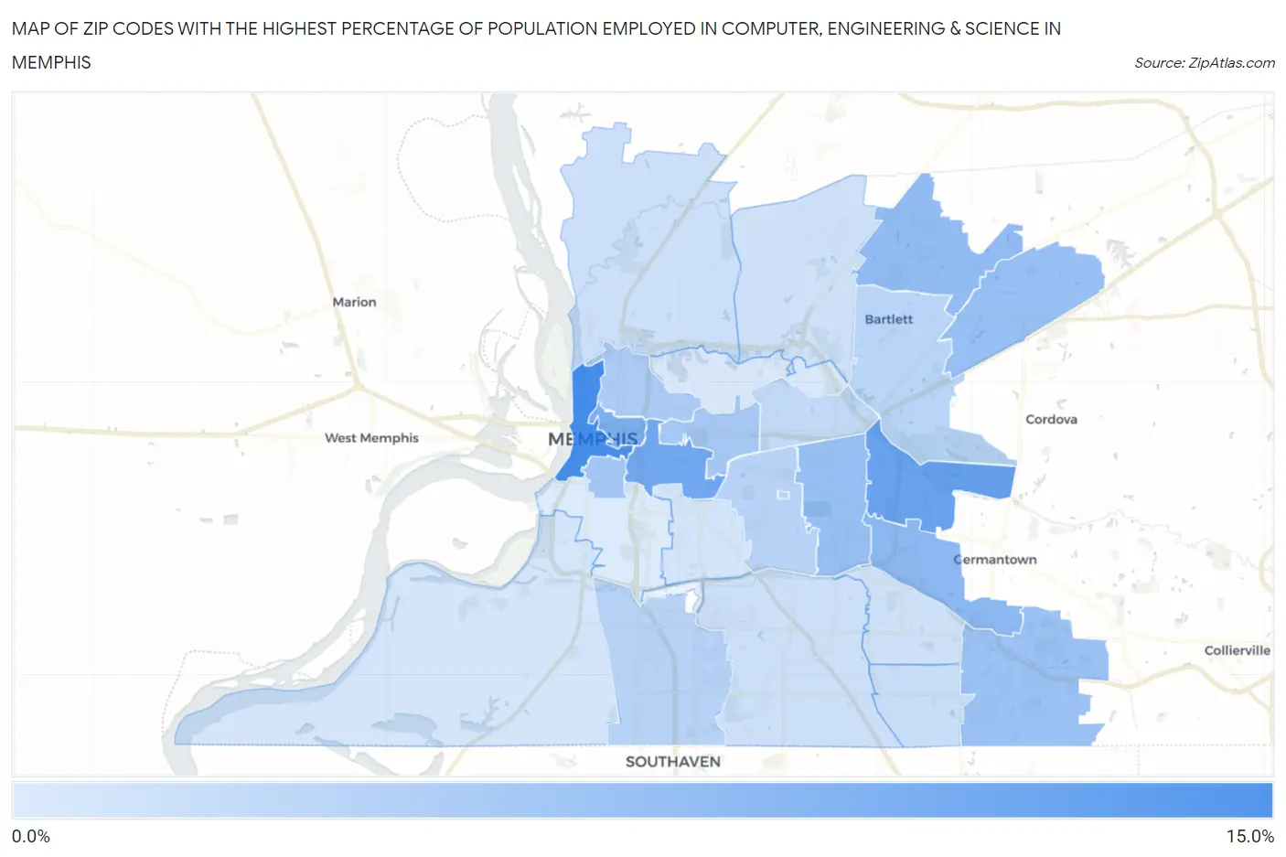 Zip Codes with the Highest Percentage of Population Employed in Computer, Engineering & Science in Memphis Map