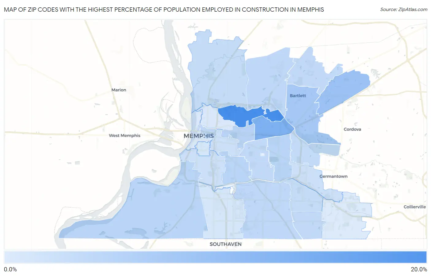 Zip Codes with the Highest Percentage of Population Employed in Construction in Memphis Map