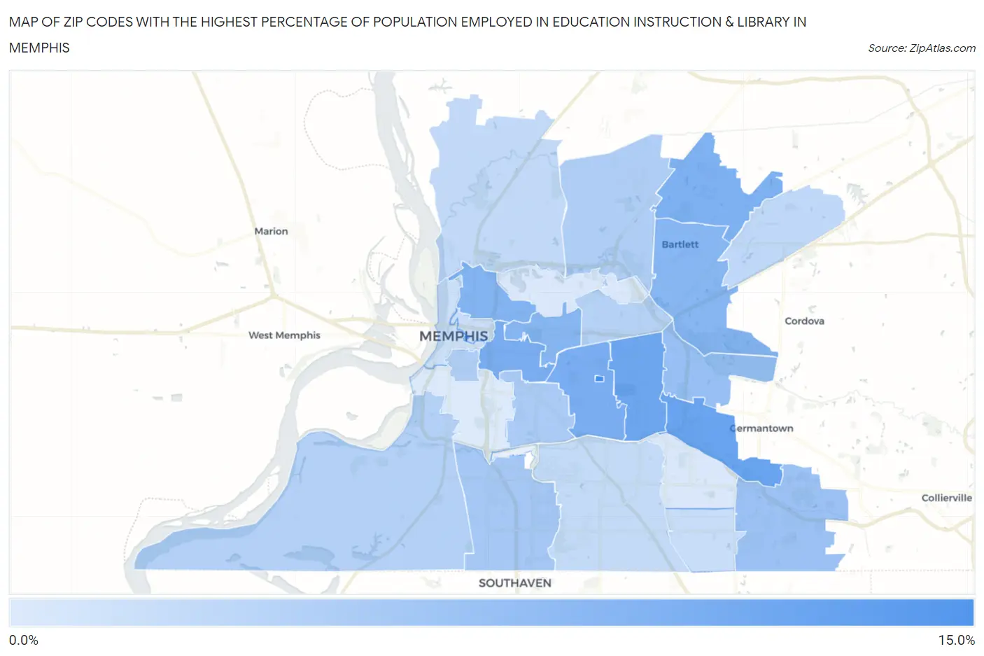 Zip Codes with the Highest Percentage of Population Employed in Education Instruction & Library in Memphis Map