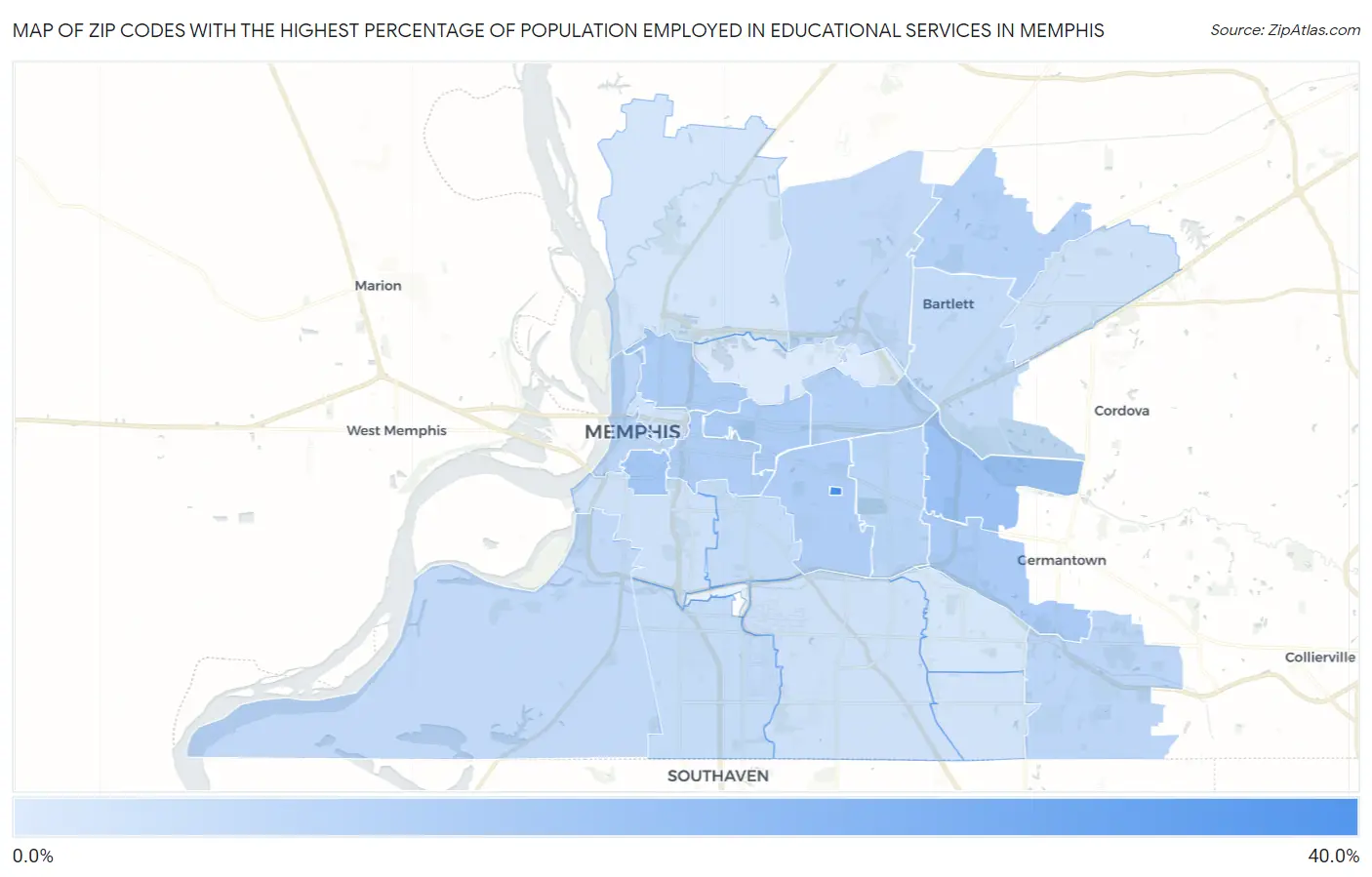 Zip Codes with the Highest Percentage of Population Employed in Educational Services in Memphis Map