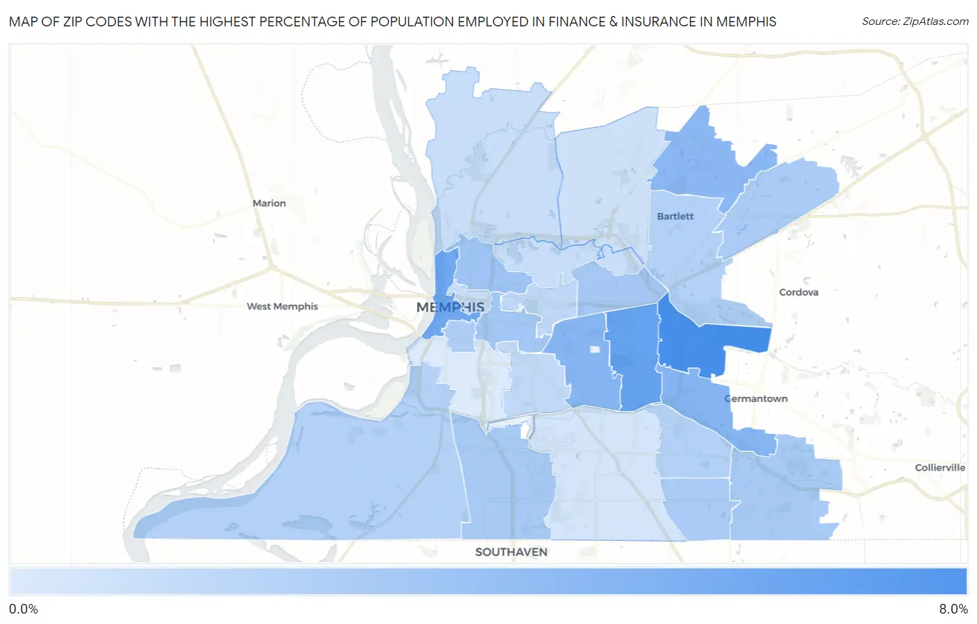 Zip Codes with the Highest Percentage of Population Employed in Finance & Insurance in Memphis Map