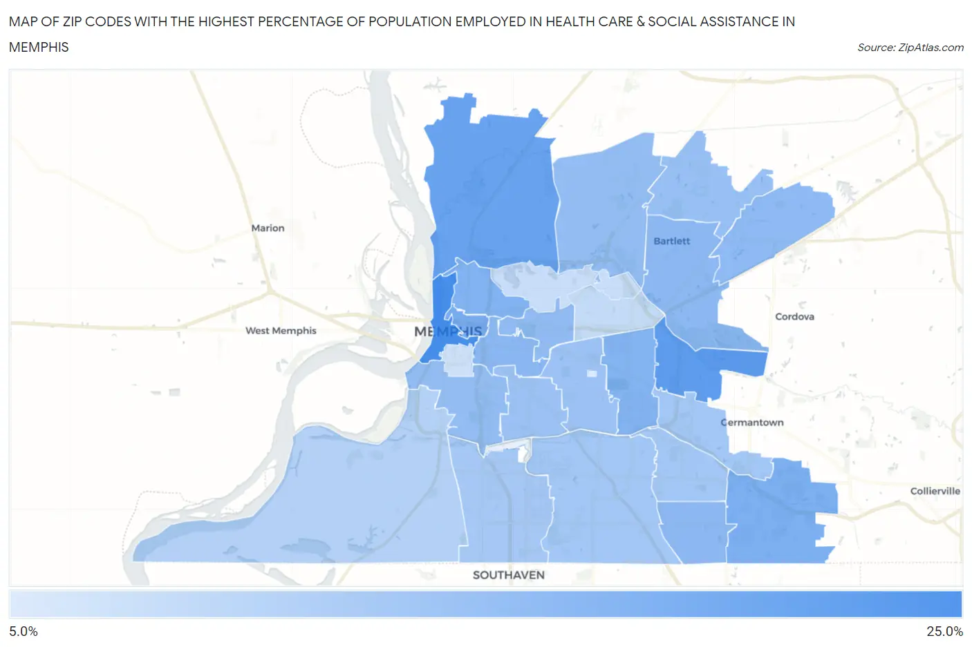 Zip Codes with the Highest Percentage of Population Employed in Health Care & Social Assistance in Memphis Map