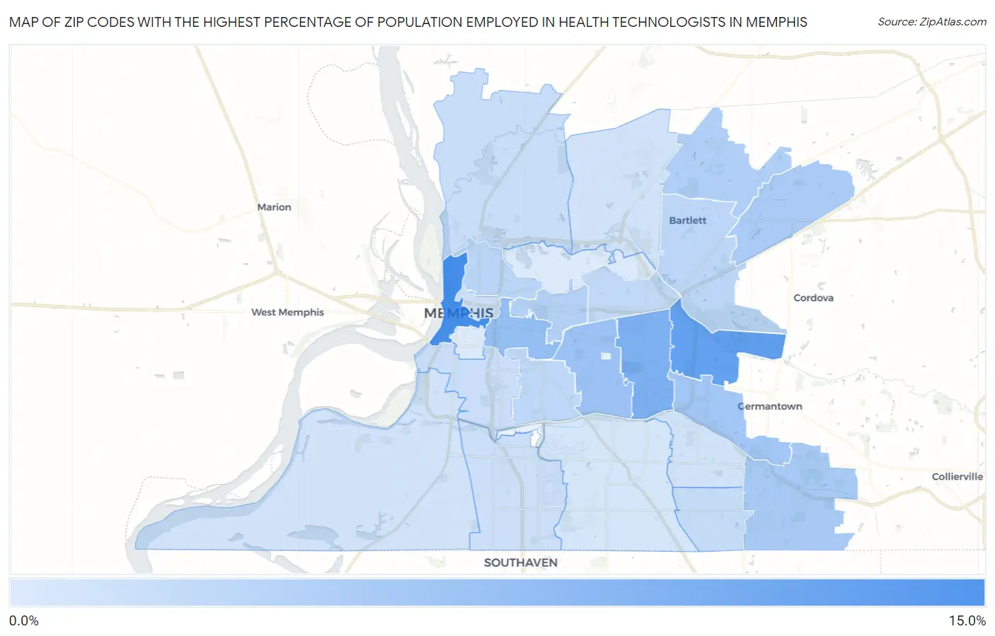 Zip Codes with the Highest Percentage of Population Employed in Health Technologists in Memphis Map