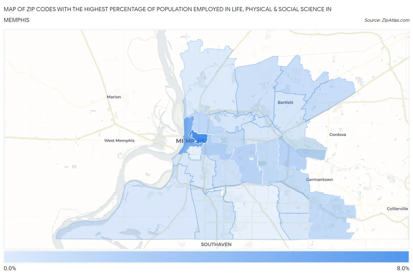 Zip Codes with the Highest Percentage of Population Employed in Life, Physical & Social Science in Memphis Map