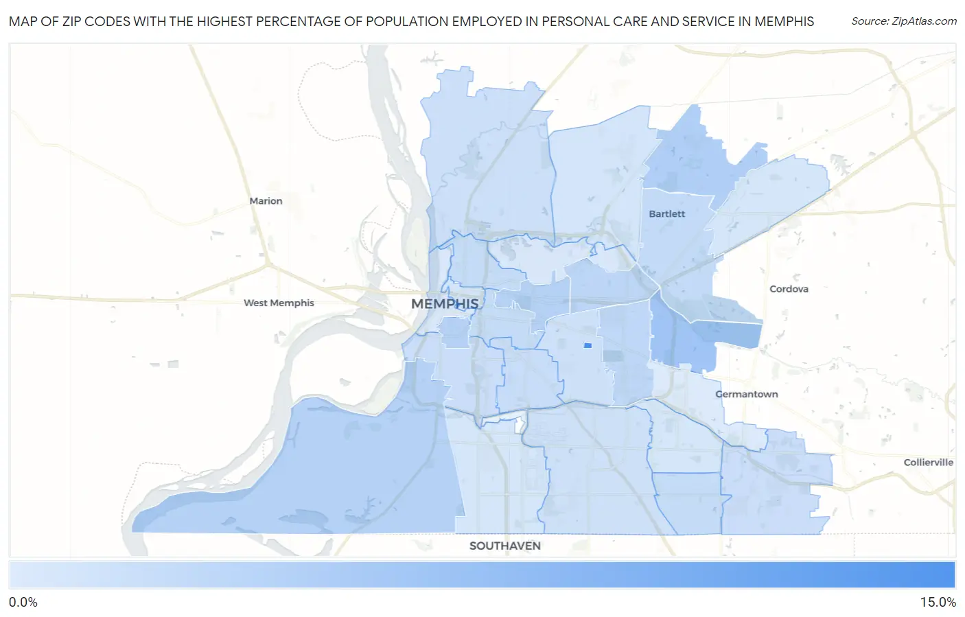 Zip Codes with the Highest Percentage of Population Employed in Personal Care and Service in Memphis Map
